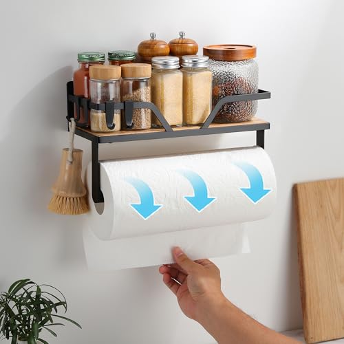 Magnetic Paper Towel Holder with Shelf - 2 Pack Strong Magnetic Spice Rack for Refrigerator Fridge RV(Wall Mount or Magnet) - color: Black-m