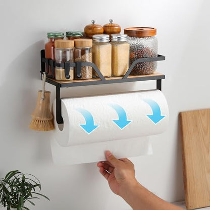 Magnetic Paper Towel Holder with Shelf - 2 Pack Strong Magnetic Spice Rack for Refrigerator Fridge RV(Wall Mount or Magnet) - color: Black-m