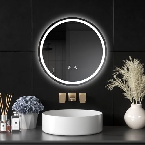LED Bathroom Mirror with Lights, 24" Round Mirror for Bathroom,Wall Mounted Makeup Mirror, Dimmable, Anti-Fog, Shatter-Proof Tempered Glass, 3-Color Light, Memory Function, UL Listed - size: 24"L x 24"W