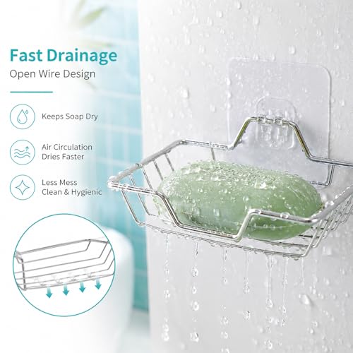2 Pack Soap Holder for Shower Wall, Stainless Steel Wall Mounted Soap Dish with Draining Tray, No Drilling Adhesive Bar SoapSponge Holder for Bathroom and Kitchen, Silver