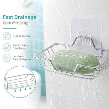 2 Pack Soap Holder for Shower Wall, Stainless Steel Wall Mounted Soap Dish with Draining Tray, No Drilling Adhesive Bar SoapSponge Holder for Bathroom and Kitchen, Silver