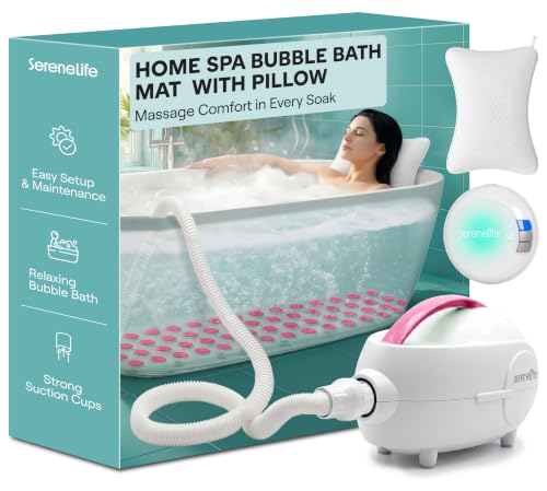 SereneLife Bubble Bath Mat - Portable Spa Bubble Bath Massager with Waterproof Bath Light & Pillow, Adjustable Bubble Intensity, Easy Button Control, Remote Control (Pink) - color: Pink