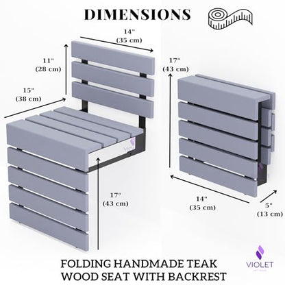 Folding Wall Mounted Teak Wood Shower Seat with Backrest, Water Resistant Foldable Bathroom Stool with Legs, Premium Materials Handmade Shoe Changing Bench, Space Saving and Super Safe Chair (Gray) - color: Gray