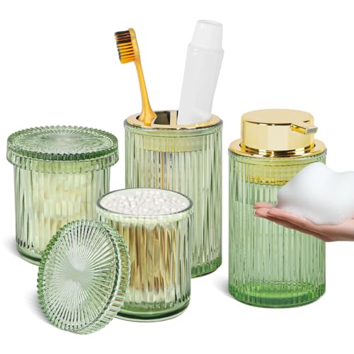 Green Glass Bathroom Accessories Set, 4pcs Bathroom Accessory Set, Foaming Soap Dispenser,Toothbrush Holder and 2pcs Qtip Holder with Lid, Bathroom Modern Ribbed Jars Organizer for Decor - color: Green