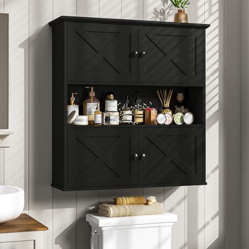 Vabches Bathroom Wall Cabinet, Farmhouse Medicine Cabinet with 4 Barn Doors, Large Wooden Vintage Storage Cabinet Wall Mounted for Bathroom, Kitchen, Black - color: Black, style: Barn Doors