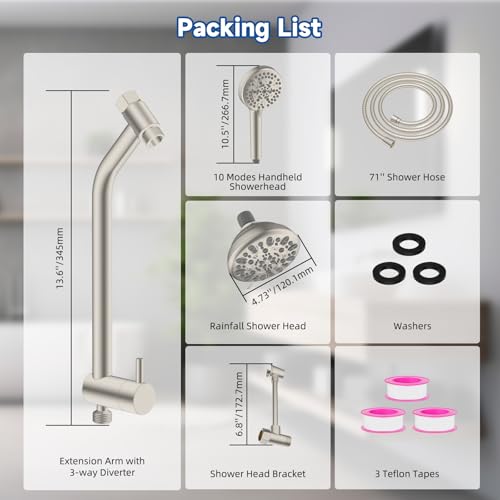 Metal Dual Rain Shower Head Easy Reach, 10-Spray Handheld, Brushed Nickel | High Pressure Rainfall Shower Head with Shower Extension Arm, 71" Hose, 3-way Diverter, Brass Shower Bracket - color: Brushed Nickel, style: 5" Showerhead