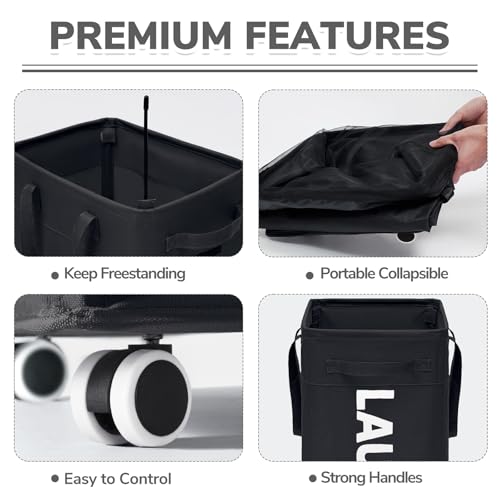 CHICVITA 75L Slim Rolling Laundry Basket with Wheels & Wash Bag, Black | Carry handle for easy moving to laundry room. Removable wash bag, slim design fits tight spaces - color: Black, size: 75L (15.7"L x 11.8"W x 24.8"H)