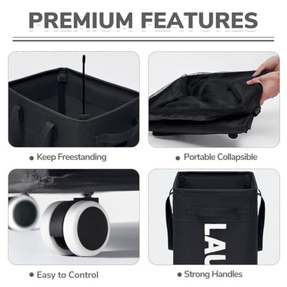 CHICVITA 75L Slim Rolling Laundry Basket with Wheels & Wash Bag, Black | Carry handle for easy moving to laundry room. Removable wash bag, slim design fits tight spaces - color: Black, size: 75L (15.7"L x 11.8"W x 24.8"H)