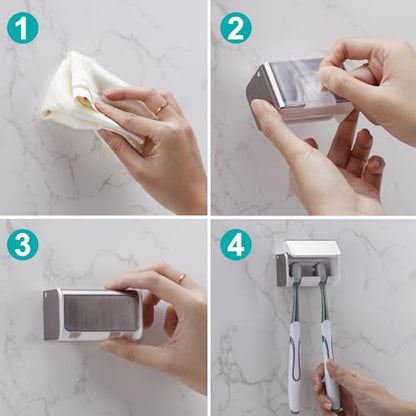 2 PCS Toothbrush Holders Wall Mounted with Cover (2, Brushed Silver) | Wall mounted, Detachable, Easy to clean, Breathable, 2 Slots Self Adhesive Toothbrush Organizer for Bathroom - color: Brushed Silver