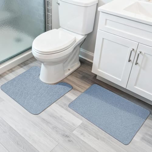 Bosap Bathroom Rugs Set 2 Pieces,Thin Bathroom Mats,Toilet Rugs,Quick Dry,Non-Slip,Machine Washable,Low Pile,Absorbent Bath Mats,Shower,Sink,Home Decor Accessories.Blue,1'5"x2'3"+1'8"x2" U Shape - color: Blue, size: 1'8"x2"u+1'5"x2'3"(set)