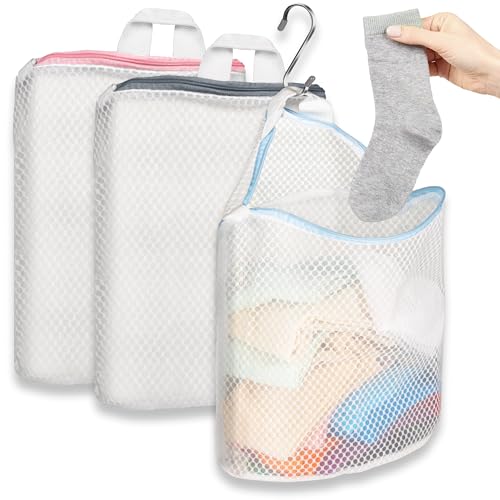 3Pcs Hanging Laundry Bags for Socks with S Hooks, 12 X 10 inch 3 Color Mesh Laundry Bags for Washing Machine