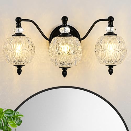 Matte Black Bathroom Vanity Light, 3-Light Mid Century Farmhouse Wall Sconce with Globe Glass Shades, Retro Mirror Light for Bathroom, Powder Room - color: Black, size: 3 Light