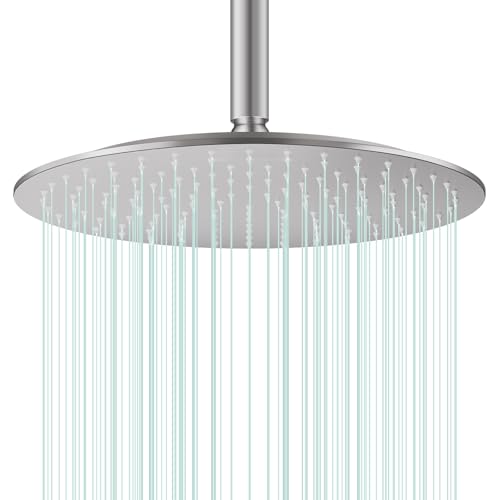All Metal Rain Shower Head - Heavy Duty Stainless Steel, Easy Install, High Water Flow, Ultra-Thin Modern Design for Bathroom (Brushed Nickel, 12) - color: Brushed Nickel, size: 12
