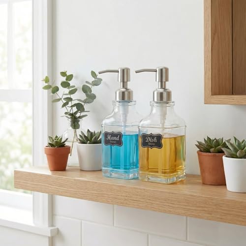 JASAI 2Pack Hand&Dish Glass Soap Dispenser with Rust Proof Pump & Stickers | Kitchen Soap Dispenser with 304 Stainless Steel Pump, Premium Bathroom Soap Dispensers for Dish Soap, Hand Soap，Lotion - color: 2 Pack Silver