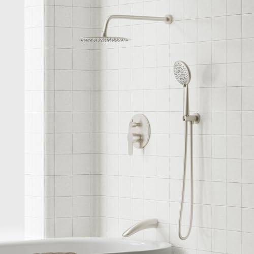 Gabrylly Bathtub Shower System, Shower Faucet Set with Tub Spout, High Pressure 10" Rain Shower head with Handheld Spray, Shower Fixtures with Pressure Balance Shower Valve, Brushed Nickel - color: Brushed Nickel, style: 10 Inches-With Tub Spout