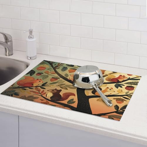 Squirrel Dish Drying Mats for Kitchen Counter Absorbent Reversible Drying Mats Microfiber Kitchen Countertop Protector Dishes Drying Pad Extra Large “18 x 24" Dish Mat - color: Brown - Squirrel