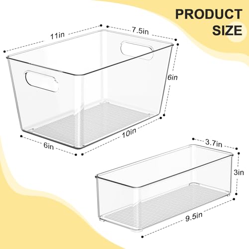 Set of 4 Pantry Organizers and Storage, Clear Plastic Bins(2L+2S) | BPA-free PETG storage containers with handles, Ideal for kitchen, fridge, bathroom, cabinet, office, and garage organization - size: 2 Large & 2 Small