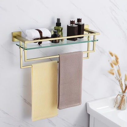 LANC Bathroom Glass Shelf with Towel Bars 20-Inch Floating Tempered Glass Shelves with 2 Towel Rails Brushed Gold Cologne Shelf for Men Shower Bath Storage Glass Rack Wall Mount Heavy Duty，A7617BG - color: Brushed Gold