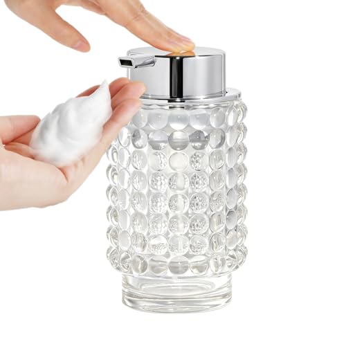 Foaming Soap Dispenser, Clear Glass Foam Soap Dispenser with Silver Pump, 12 Oz Refillable Bathroom Lotion Container Pump Bottle for Bathroom Kitchen Countertop - color: Transparent and Silver