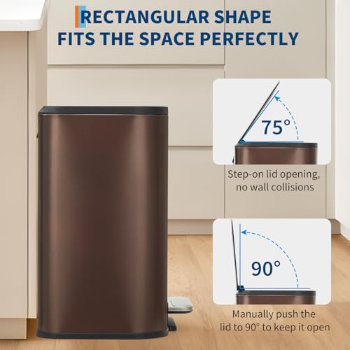 GarveeHome Brown Kitchen Trash Can, 5.3 Gal Stainless Steel Garbage Can | Soft Close Lid, Foot Pedal & Removable Inner Bucket, Rectangular Step On Waste Bin for Office Bedroom - color: Brown, size: 20 L