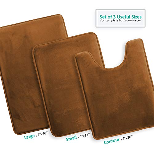 Clara Clark 3 Piece Bathroom Rugs Bath Mat Set, Velvet Memory Foam Bath Mats for Bathroom - Non-Slip, PVC Backing Bath Rugs, Washable - Dries Quickly, Brown - color: Brown