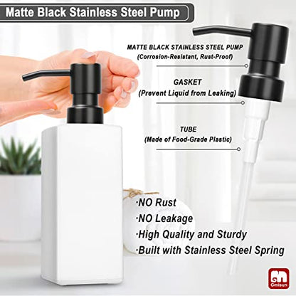 GMISUN White Soap Dispenser, Bathroom Hand Soap Dispenser, Glass Dispenser with Stainless Steel Pump, Kitchen Hand and Dish Soap Dispensers, 12 fl oz/350ml Liquid Refillable Soap and Lotion Bottle - color: White Bottle + Black Pump