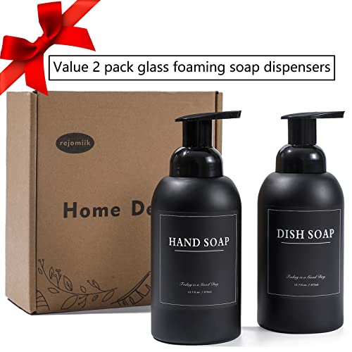 2 Pack Foaming Soap Dispenser, 12.7 Oz Thick Glass Pump, Matte Black | Refillable Foam Soap Bottles for Hand Soap and Body Wash, Ideal for Bathroom Countertop, Kitchen Sink and More - color: Black