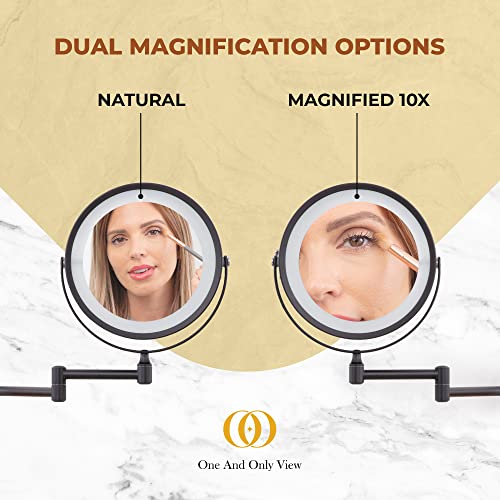 Wall Mounted Lighted Makeup Mirror - Swing Arm Vanity Mirror with Lights and 10X Magnification for Bathroom - Includes Rechargeable LED Cable and Instruction Manual