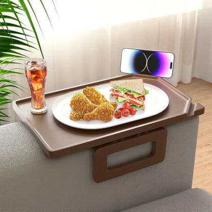 Smatdecis Couch Arm Tray Table Sofa Arm Clip, Armrest Tray Table Suitable for Home Drinks/Fast Food/Fruit Etc, Large Size Multi-Function Brown(Dual Phone/Tablet Holder) - color: Brown, size: 13" x 9.4"(Upgrade)