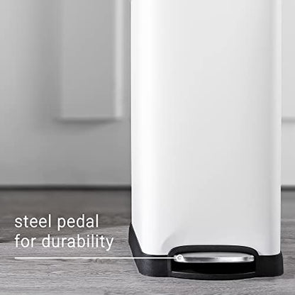 happimess Betty 8 Gal Step Trash Can Soft-Close Lid, Cotton White | Fingerprint Resistant, Removable Liner, Semi-Rectangular, Steel Pedal, Iron Powder Coated, 27" Height, Non-Skid Base - color: White