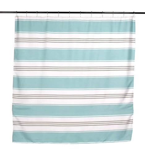 Nautical Striped Fabric Shower Curtain, Coastal Wide Stripe Design, Aqua Grey White, 70" x 72", with Hooks - color: Hampton Blue