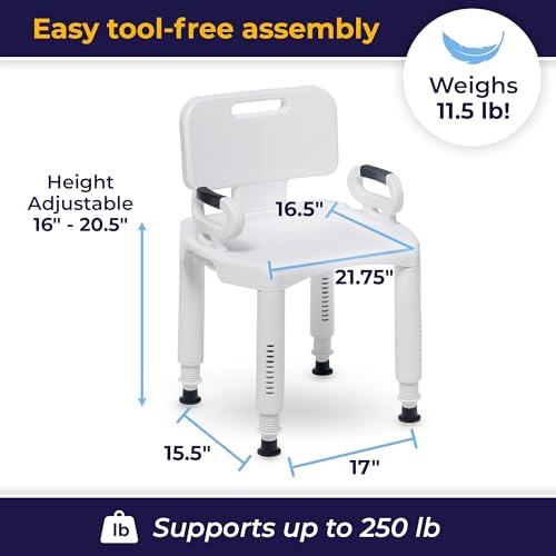 Drive Medical Shower Chair with Back and Arms, White, 350 Lb Capacity | Bathroom Bench Offers Back and Arms with Suction Tip Legs for Added Stability and 350 Lb Weight Capacity