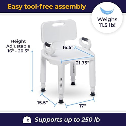 Drive Medical Shower Chair with Back and Arms, White, 350 Lb Capacity | Bathroom Bench Offers Back and Arms with Suction Tip Legs for Added Stability and 350 Lb Weight Capacity