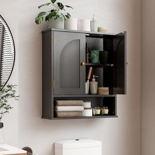 Medicine Cabinet, Over The Toilet Storage Cabinet, Wall Mounted Bathroom Cabinet with Arched Doors & Adjustable Shelves, Bathroom Wall Cabinet Over Toilet, Medicine Cabinets for Bathroom, Black - color: Black-arched Door