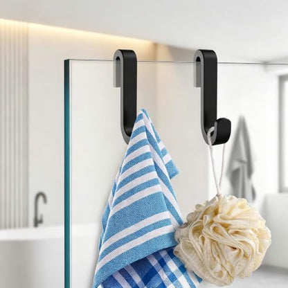 Shower Caddy Hook 2Pcs No Drilling Over Door Towel Hook Heavy Duty Silicone-Coated Frameless Glass Door Metal Hooks for Bathroom Kitchen (Black) - color: Black（metal inside)