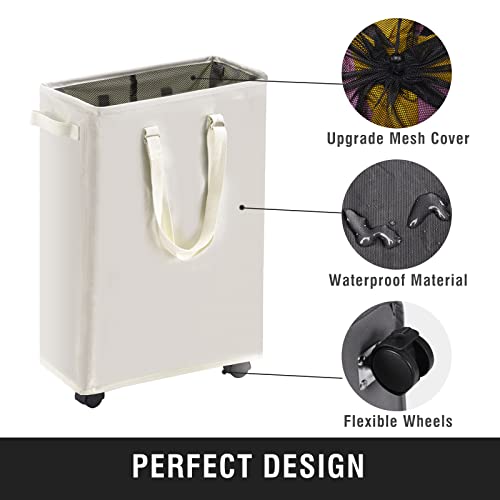45L Slim Rolling Laundry Basket with Wheel & Adjustable Long Handles, Beige | Small Laundry Baskets with Mesh Top, Narrow Dirty Clothes Hamper for Bedroom, Closet, and Bathroom - color: Beige - Rolling, size: 45L