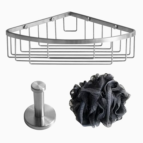 Stainless Steel Wall Mount Shower Caddy, Single Hook & Bath Wipe Waterproof Durable Corner Shower Rack for Bathroom Space Saving Bathroom Organizer & Storage for Shampoos Soap Bath Items Brushed - color: Brushed