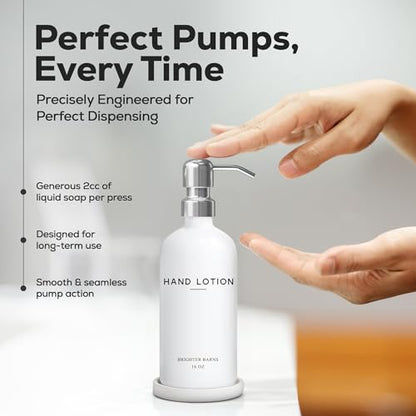 White Glass Lotion Dispenser with Pump Bathroom Set by Brighter Barns - Hand Lotion Dispenser Set with Tray - Modern Bathroom Accessories for Guest House, Hotel, Spa, Restaurant, Airbnb, Gift (White) - color: Silver L