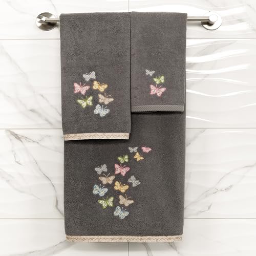 Frolic 4-Piece Luxury Towel Set, Calico Applique, Soft & Durable Turkish Cotton, Elegant Bathroom Ensemble, 2 Bath 2 Hand Towels, Charcoal - color: Charcoal, size: 2 Pcs Bath 2 Pcs Hand Towel