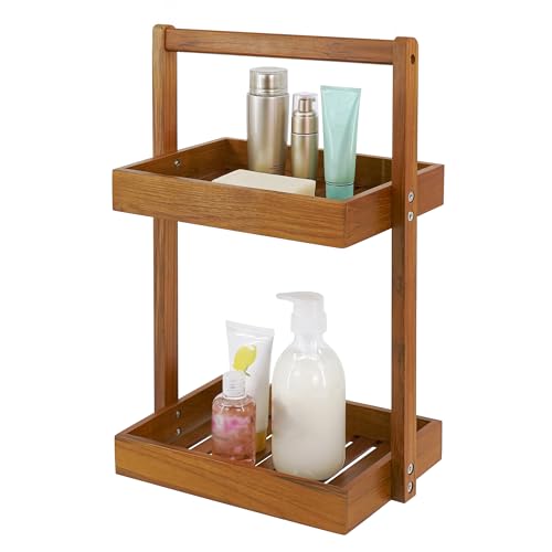 Utoplike Teak Wood Shower Caddy Corner, Bathroom Standing Rack Countertop | Solid Shower Organizer with Handle, Stand Up Shower Basket for Shampoo, Shelf for Inside Shower, Kitchen Desktop - color: 2 tier