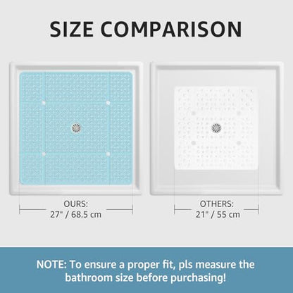 Yolife Square Shower Mat, 27" x 27" Shower Mat with Drain Hole in Middle | Extra Large Soft TPE Non Slip Shower Mats for Inside Shower, Anti Slip Washable Shower Floor Mat with Suction Cups, Blue - color: Blue