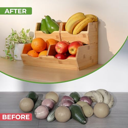 HOMESTEAD Bamboo Pantry Storage Bins – Stackable Potato & Onion Storage Bin for Kitchen Countertop, Pantry Organizer, Fruit Vegetable Basket, Multiuse - Set of 3 Slide-Out Access - size: Medium ( 3 Pack )