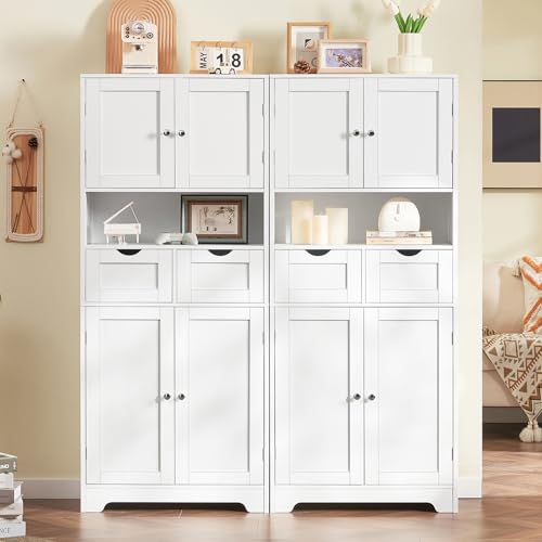 57.8" H Tall Bathroom Storage Cabinet with 4 Doors & 2 Adjustable Shelves, Freestanding Bathroom Cabinet with 2 Drawers, Kitchen Cabinets & Pantry, Cupboard for Kitchen, Dining Room, White - color: White 2 Drawers