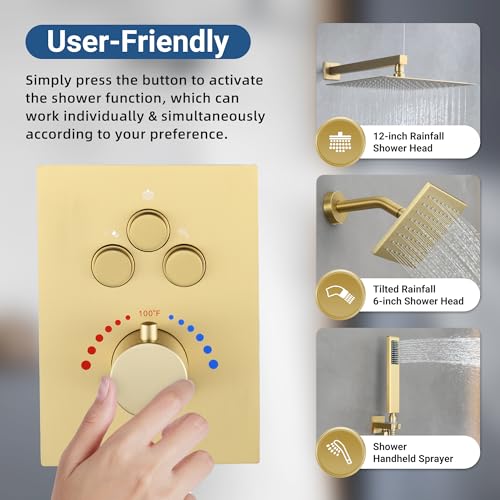 Thermostatic Dual Shower System, Rain Shower Faucet, Brushed Gold | 12 Inch Shower Head, 6 Inch Wall Mount Head, High Pressure Handheld Sprayer, Push Button Valve - color: Brushed Gold