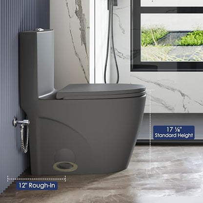 Elongated One Piece Toilet, ADA Dual Flush 1.1/1.6 GPF, Dark Gray | ADA 17" chair height, Powerful siphon dual flush, 12" rough-in, Bathroom toilet bowl, comfort soft closing seat, Gray toilets - color: Dark Gray
