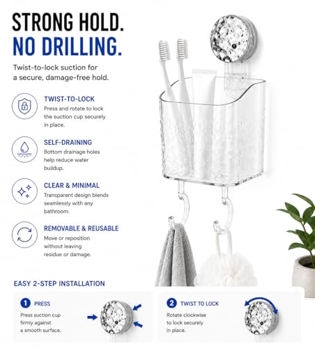 HOME&I Clear Suction Cup Toothbrush Holder for Shower Wall, Twist-to-Lock Drill-Free Bathroom Organizer with 2 Hooks, Self-Draining Wall Storage for Toothpaste, Razor & Accessories - size: 1 Pack / Clear