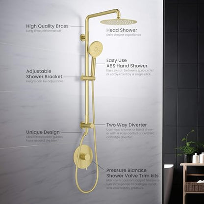 KIBI Circular Wall Mounted Rain Shower Column | 2-Function Shower Faucet System with Rough-In Valve | Solid Brass Construction for Reliable Water Flow and Temperature Control (Brushed Gold, KSC403) - color: Brushed Gold