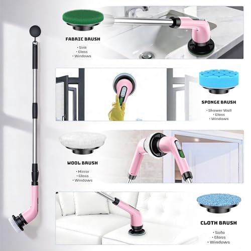 Highyes Electric Spin Scrubber for Bathroom, Upgrated Powerful IPX7 Waterproof Shower Scrubber with Extendable Long Handle A10D (Pink) | IPX7 Waterproof Shower Scrubber with Extendable Long Handle，Bathroom Cleaning Scrubber with 7 Reusable Brush Heads - c
