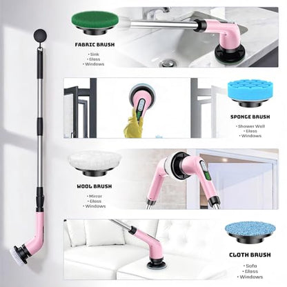 Highyes Electric Spin Scrubber for Bathroom, Upgrated Powerful IPX7 Waterproof Shower Scrubber with Extendable Long Handle A10D (Pink) | IPX7 Waterproof Shower Scrubber with Extendable Long Handle，Bathroom Cleaning Scrubber with 7 Reusable Brush Heads - c