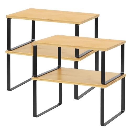 NEX Bamboo Cabinet Organizer Shelf, Kitchen Counter Shelves Set of 4 | Stackable & Expandable Spice Rack, Space-Saving Pantry Organizers Bathroom Countertop Storage, Natural and Black - color: Black + Natural Beige, size: 11.7''W